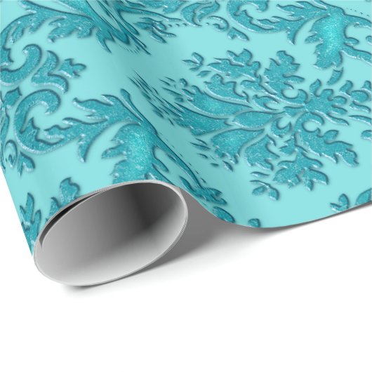 水のターコイズのダマスク織の包装紙 ラッピングペーパー (ロールコーナー)