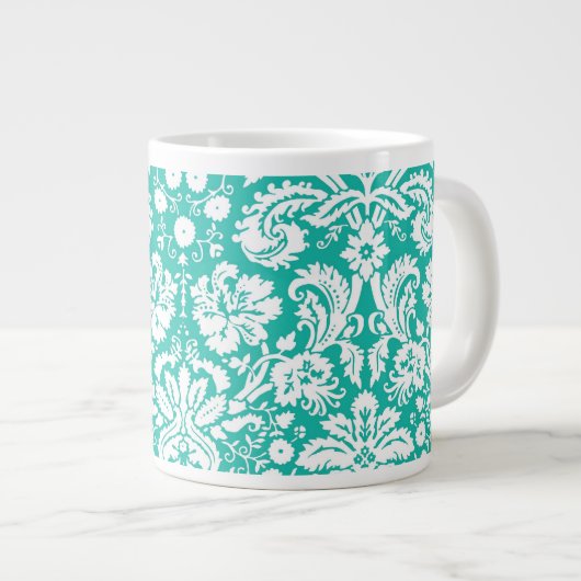 水のターコイズのティール(緑がかった色)のダマスク織パターン ジャンボコーヒーマグカップ (正面右)