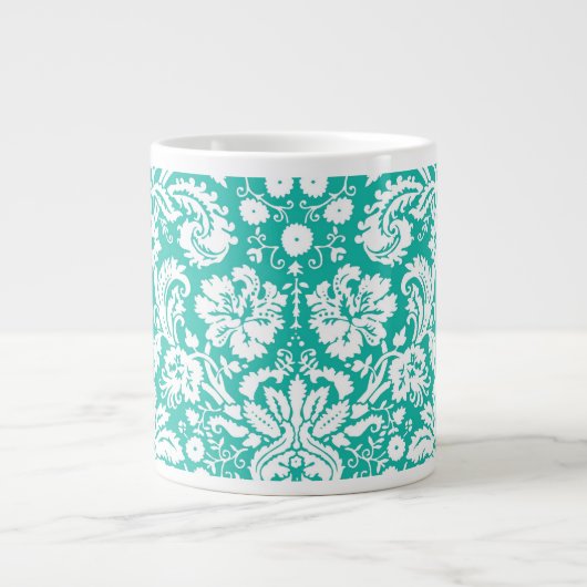 水のターコイズのティール(緑がかった色)のダマスク織パターン ジャンボコーヒーマグカップ (正面)