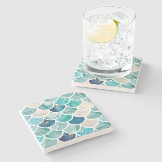 水のターコイズの大理石の人魚の魚スケール ストーンコースター (横)