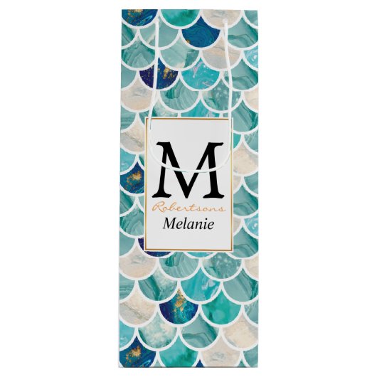 水のターコイズの大理石の人魚の魚スケール ワインギフトバッグ (正面)