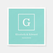 水のターコイズの白によって組み立てられる最初のモノグラム スタンダードカクテルナプキン (正面)