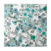 水のティール（緑がかった色）の水彩画の手塗りの花柄 タイル (正面)
