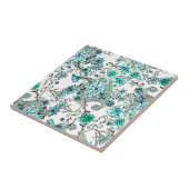 水のティール（緑がかった色）の水彩画の手塗りの花柄 タイル (側面)