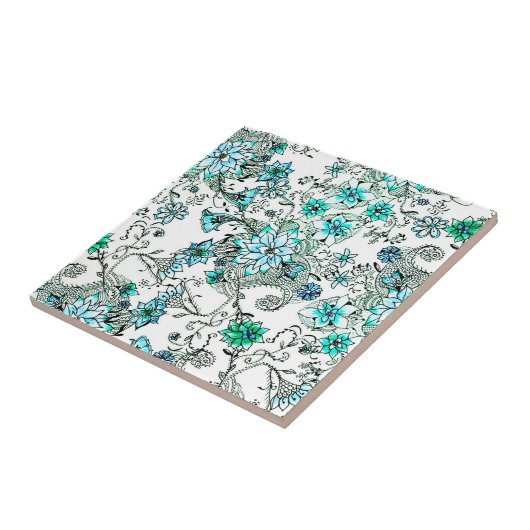 水のティール（緑がかった色）の水彩画の手塗りの花柄 タイル (側面)