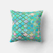 水のティール(緑がかった色)の青い水彩画の人魚はパターンをはかりで測ました クッション (裏面)