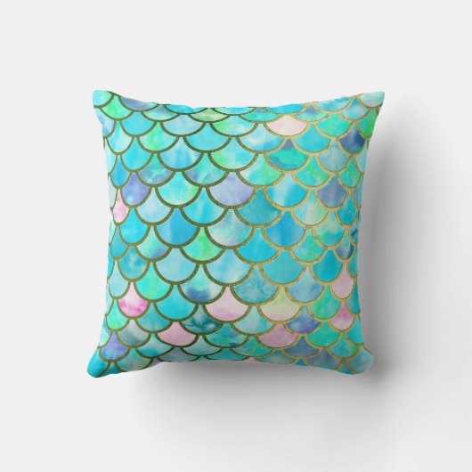 水のティール（緑がかった色）の青い水彩画の人魚はパターンをはかりで測ました クッション (裏面)