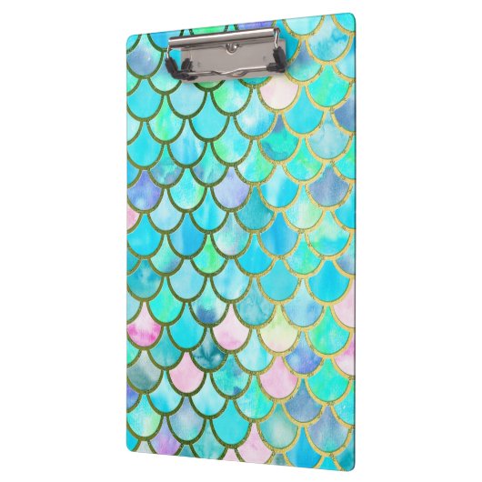 水のティール(緑がかった色)の青い水彩画の人魚はパターンをはかりで測ました クリップボード (左)