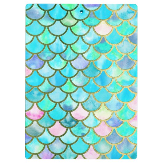 水のティール(緑がかった色)の青い水彩画の人魚はパターンをはかりで測ました クリップボード (裏面)