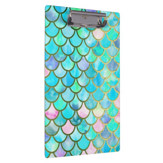 水のティール(緑がかった色)の青い水彩画の人魚はパターンをはかりで測ました クリップボード (右)