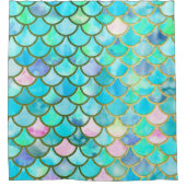 水のティール(緑がかった色)の青い水彩画の人魚はパターンをはかりで測ました シャワーカーテン (正面)