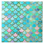 水のティール(緑がかった色)の青い水彩画の人魚はパターンをはかりで測ました タイル (正面)
