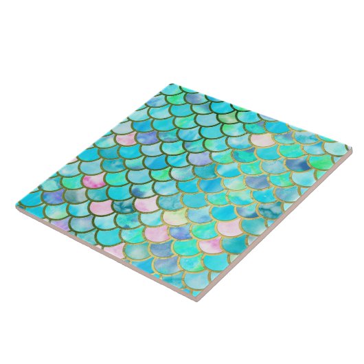 水のティール(緑がかった色)の青い水彩画の人魚はパターンをはかりで測ました タイル (側面)