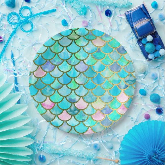 水のティール(緑がかった色)の青い水彩画の人魚はパターンをはかりで測ました ペーパープレート (パーティー)