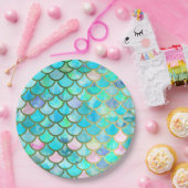 水のティール(緑がかった色)の青い水彩画の人魚はパターンをはかりで測ました ペーパープレート (パーティー)