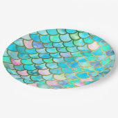 水のティール(緑がかった色)の青い水彩画の人魚はパターンをはかりで測ました ペーパープレート (アングル)