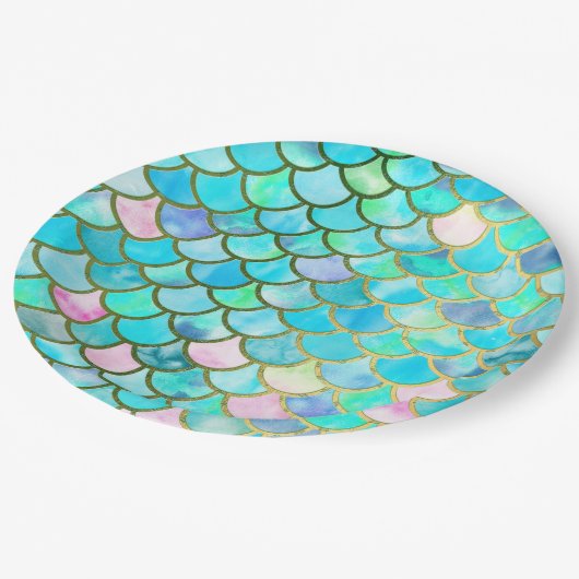 水のティール（緑がかった色）の青い水彩画の人魚はパターンをはかりで測ました ペーパープレート (アングル)