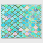 水のティール(緑がかった色)の青い水彩画の人魚はパターンをはかりで測ました ラッピングペーパー (フラット)