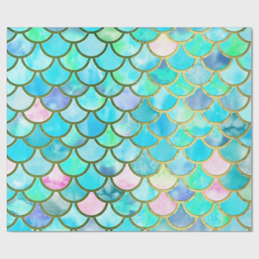 水のティール(緑がかった色)の青い水彩画の人魚はパターンをはかりで測ました ラッピングペーパー (フラット)