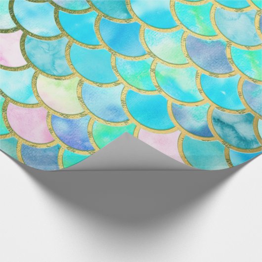 水のティール(緑がかった色)の青い水彩画の人魚はパターンをはかりで測ました ラッピングペーパー (角)