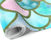 水のティール(緑がかった色)の青い水彩画の人魚はパターンをはかりで測ました ラッピングペーパー (ロールコーナー)