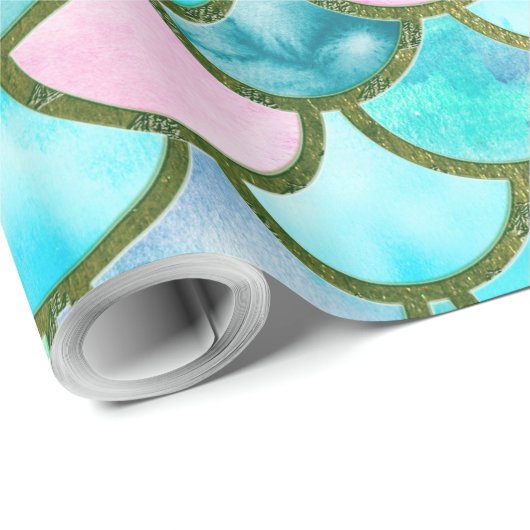 水のティール(緑がかった色)の青い水彩画の人魚はパターンをはかりで測ました ラッピングペーパー (ロールコーナー)