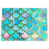 水のティール（緑がかった色）の青い水彩画の人魚はパターンをはかりで測ました ラージペーパーバッグ (正面)
