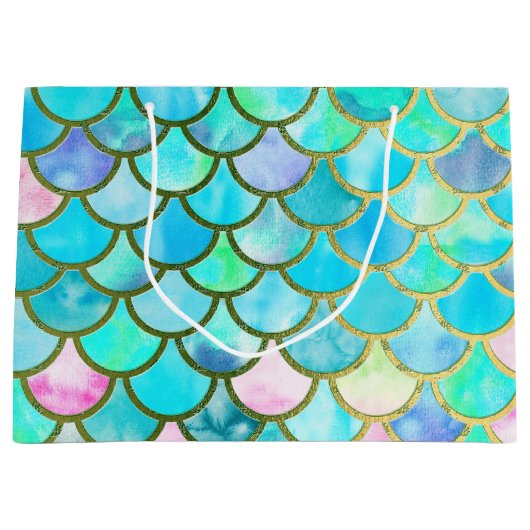 水のティール（緑がかった色）の青い水彩画の人魚はパターンをはかりで測ました ラージペーパーバッグ (正面)