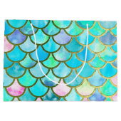 水のティール（緑がかった色）の青い水彩画の人魚はパターンをはかりで測ました ラージペーパーバッグ (裏面)