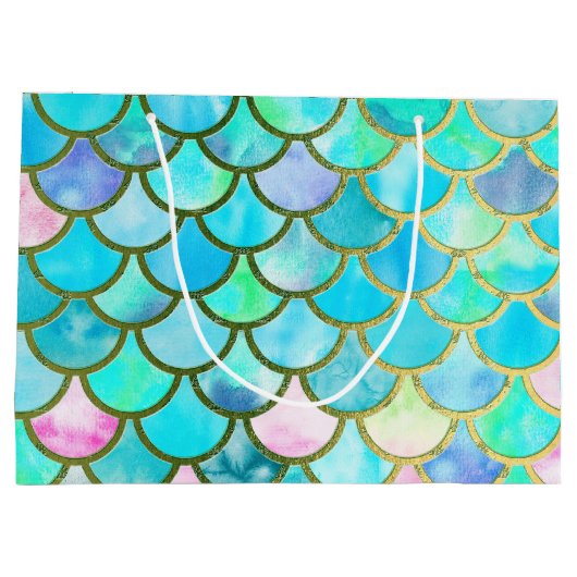 水のティール（緑がかった色）の青い水彩画の人魚はパターンをはかりで測ました ラージペーパーバッグ (裏面)