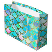 水のティール（緑がかった色）の青い水彩画の人魚はパターンをはかりで測ました ラージペーパーバッグ (裏面アングル)