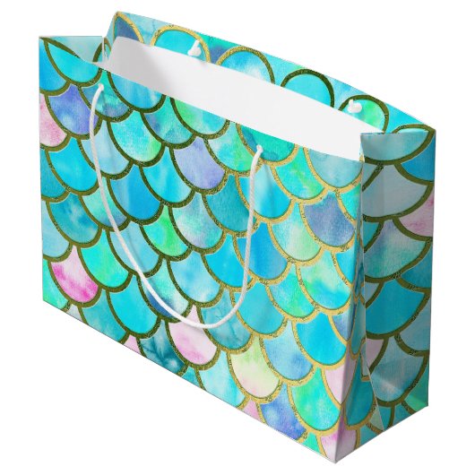 水のティール（緑がかった色）の青い水彩画の人魚はパターンをはかりで測ました ラージペーパーバッグ (裏面アングル)