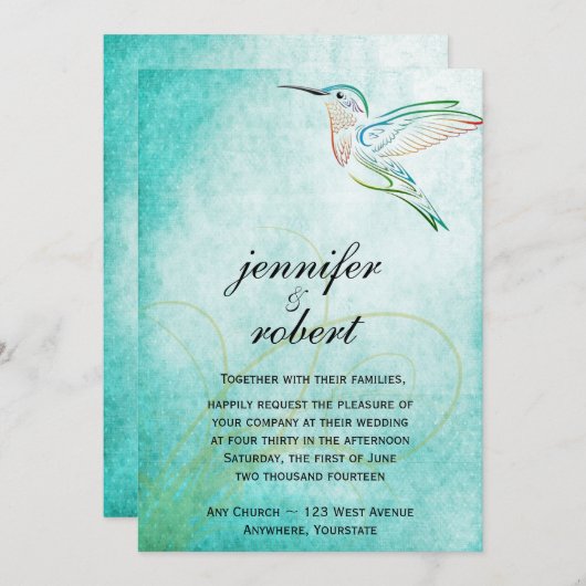 水のハチドリの水彩画の結婚式招待状 招待状 (正面/裏面)