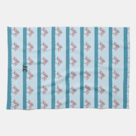 水のパターン上のモノグラム2ピンクフラミンゴ キッチンタオル