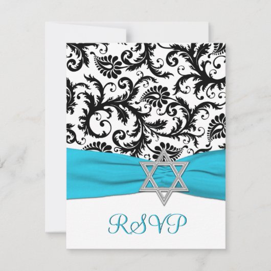 水のフェイクなリボンRSVPが付いている黒く、白いダマスク織 出欠カード (正面)