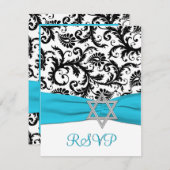 水のフェイクなリボンRSVPが付いている黒く、白いダマスク織 出欠カード (正面/裏面)