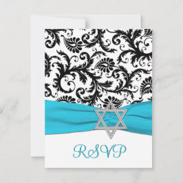 水のフェイクなリボンRSVPが付いている黒く、白いダマスク織 出欠カード