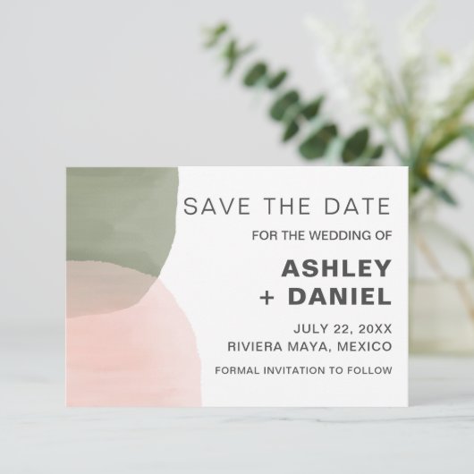 水のモダン色の円の結婚式の日付を保存 セーブザデート (スタンド正面)