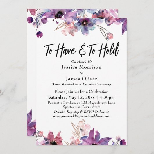 水のモダン色の花模様を持つおよび保持する 招待状 (正面/裏面)