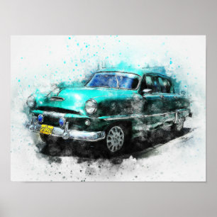 水のヴィンテージ車の50年代16" X12 " ポスター