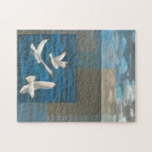 水の上に飛んでいる白いカモメが ジグソーパズル (横)