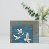 水の上に飛んでいる白いカモメが ポストカード (スタンド正面)