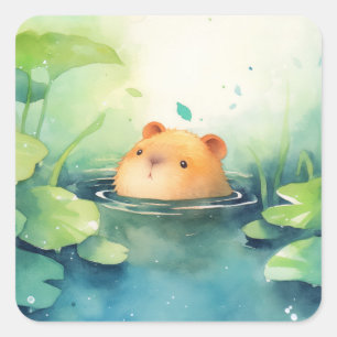 水の中からのカピバラの遊び心あふれる顔だし スクエアシール