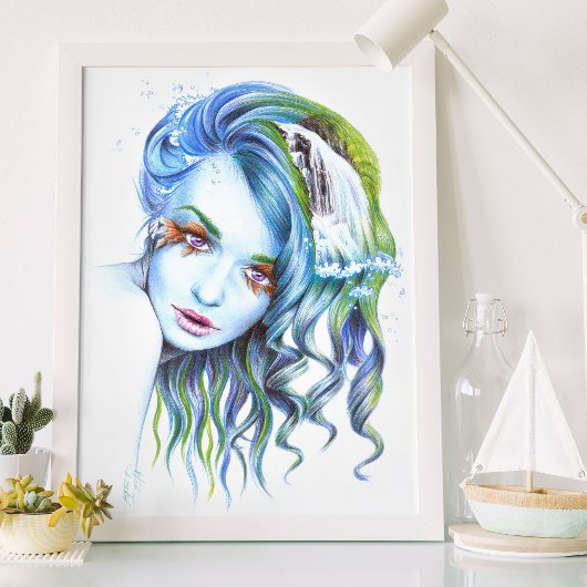 水の人魚女性超現実主義の幻想的な肖像画アート ポスター