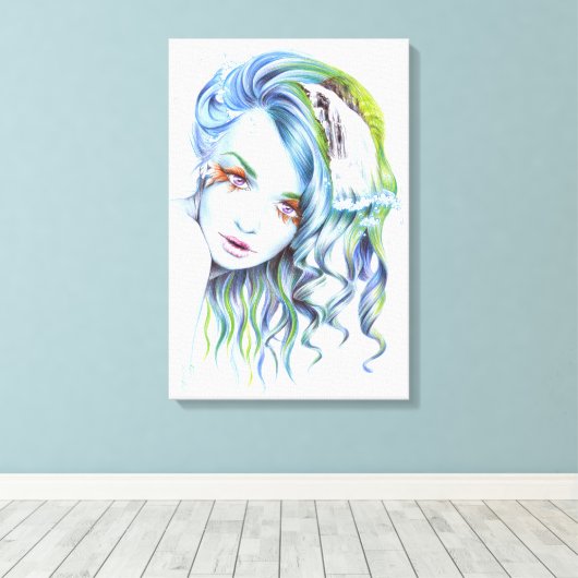 水の人魚女性超現実的幻想の肖像画アート キャンバスプリント (インサイチュ (ウッドフロア))