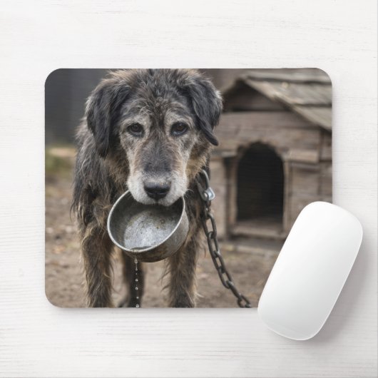 水の入っていない水飲み器を持った悲しそうな犬 マウスパッド (マウス)