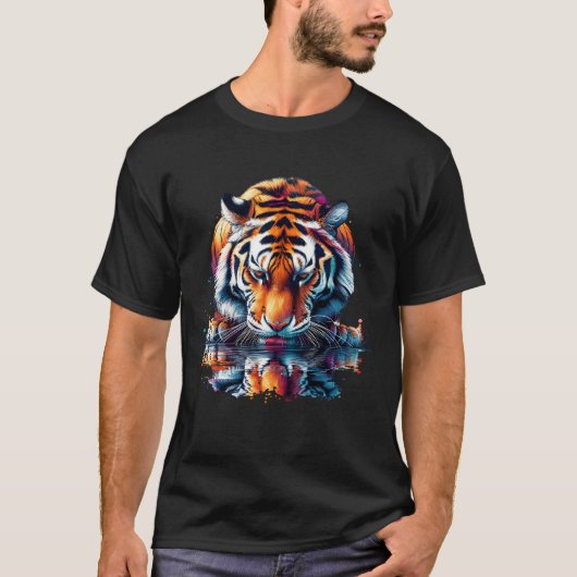 水の反射を見ているタイガー Tシャツ (正面)
