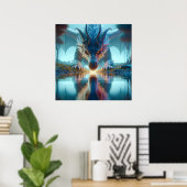 水の反射を見る神秘的なブルードラゴン ポスター (ホームオフィス)