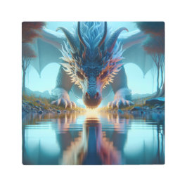 水の反射を見る神秘的なブルードラゴン メタルプリント