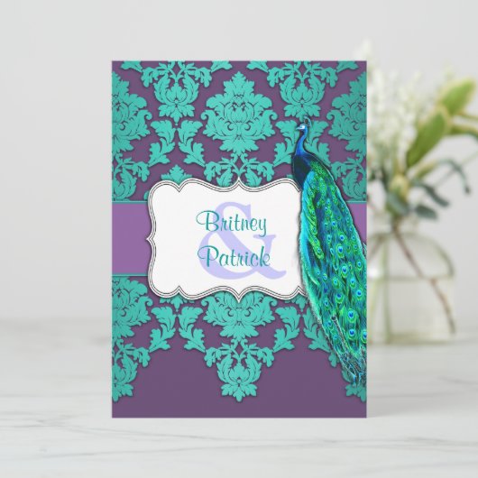 水の孔雀及び紫色のダマスク織の結婚式招待状 招待状 (スタンド正面)